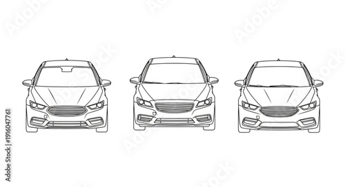 Three modern car front views sketch illustration.