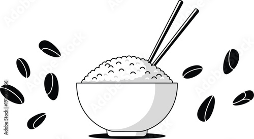 Professional minimalist vector illustration of a steaming rice bowl with chopsticks and floating grain accents for Asian culinary design and restaurant branding