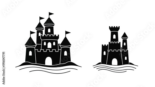 Two castles on islands detailed black shapes distinctive silhouette