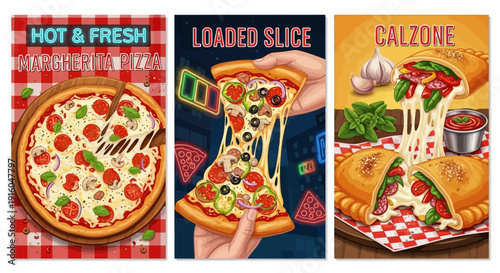 Deliciously illustrated selection of Italian pizza specialties including Margherita, loaded slice, and cheesy calzone appetizers for modern food advertising.