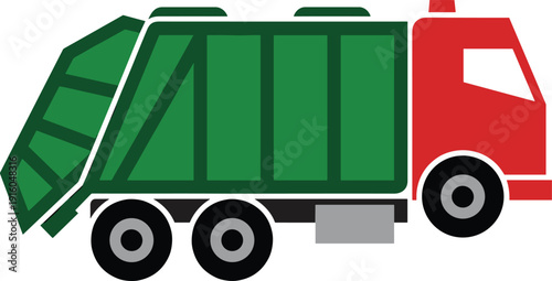 Garbage truck icon illustration, flat vector waste collection vehicle, recycling transport machinery, municipal sanitation service equipment isolated on white