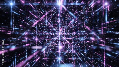 A neon-lit tunnel of data flows, streaks, and points creates a futuristic geometric scene