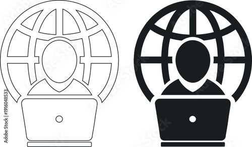 Global Freelancer Working on Laptop with World Map Grid Concept Icon Vector