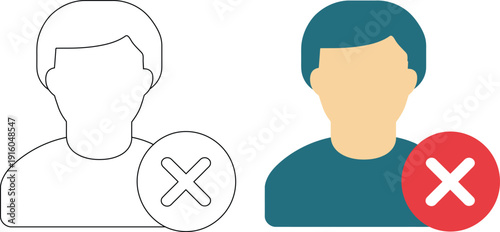 User Profile Deletion Icon with Red Cross Mark, Account Removal and Blocked User Vector Illustration