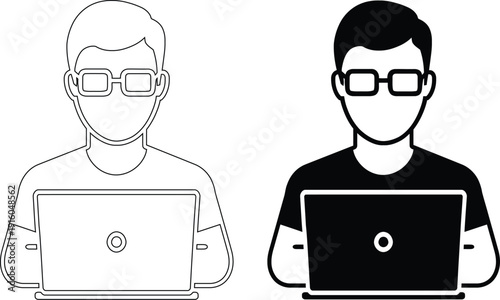 Man working on laptop with glasses vector icon illustration in outline and solid style