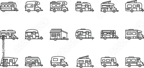 Camper Van and Motorhome Line Icons Set RV Caravan Camping Vehicle Outline Vector Collection