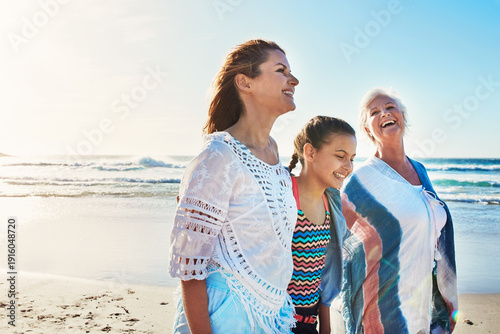 Cuadro en lienzo Grandmother, mom and girl on beach and walking for summer holiday, vacation and bonding