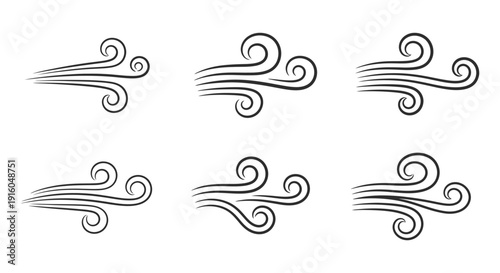 Collection of six stylized black and white vector icons representing strong blowing wind gusts and air movement