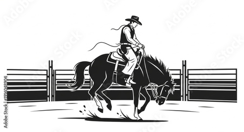 Cowboy riding a bucking horse in a rodeo arena.