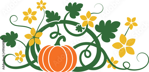 Pumpkin floral illustration, autumn harvest decoration, flat vector botanical design, fall season foliage wreath graphic isolated on white background minimal