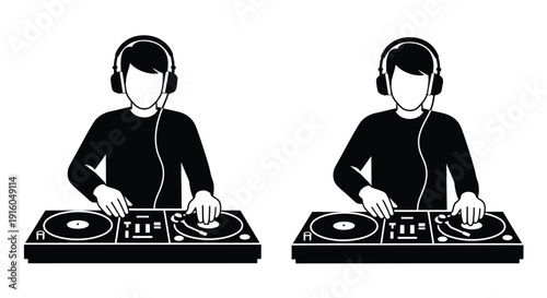 Two djs mixing music with turntables a striking silhouette