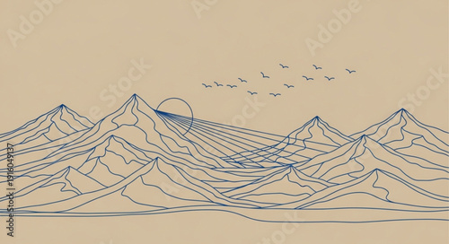 Stylized Mountain Range with Sun and Birds in a Minimalist Drawing.