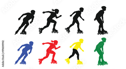 Colorful roller skating figures in dynamic poses a striking silhouette