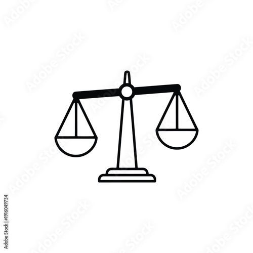 Simple black and white line icon of a set of scales of justice, unbalanced