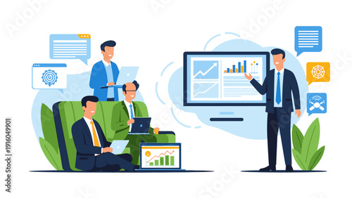 Illustration of business professionals collaborating and presenting data on a large screen with graphs and charts in a modern office setting with green accents.