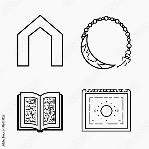 Set of Islamic religious elements in ultra clean geometric style, featuring abstract mihrab arch, tasbih beads arranged circularly, crescent with subtle star grid, open Qur’an stand (rehal) simplified