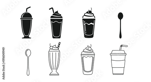 Various dessert drinks and spoons presented in a flat silhouette