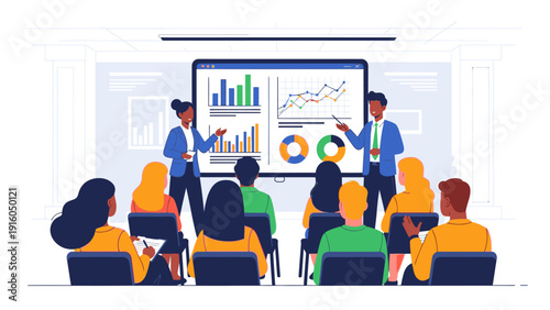 Flat illustration of a business team presentation with two people pointing at graphs on a screen in front of a seated audience in a meeting room with a white background.