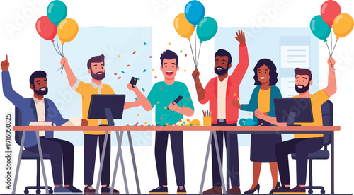 A diverse team celebrates success with balloons and confetti in a modern office setting, conveying joy, happiness, and a sense of achievement.