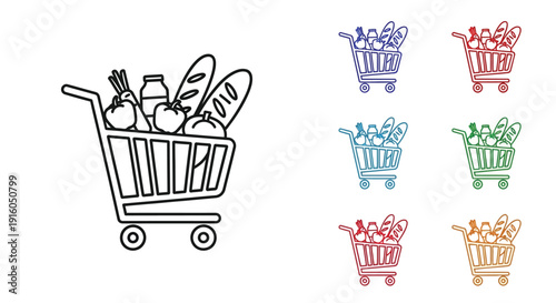 Colorful line art of shopping carts filled with groceries silhouette