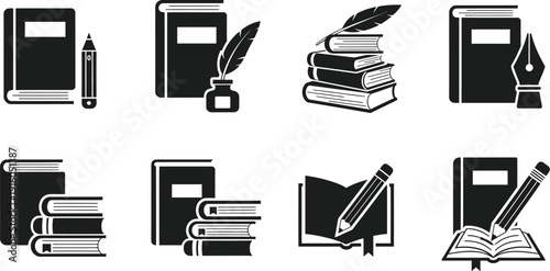 Several black and white icons depict various bound books, writing implements, and open journals arranged in two rows.