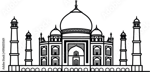 A detailed black and white line drawing depicts the symmetrical facade of the Taj Mahal mausoleum with its central dome.