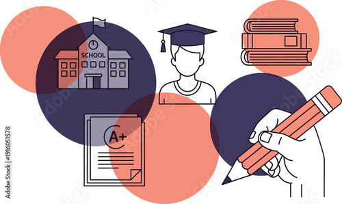A hand grasps a large pencil near abstract circular graphics representing academic achievement, school building, and graduation.