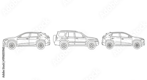 Three sketched cars in a row on a white background.