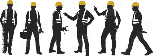 Construction workers silhouettes wearing safety vests and yellow hard hats holding tools equipment pointing gesturing walking teamwork concept illustration
