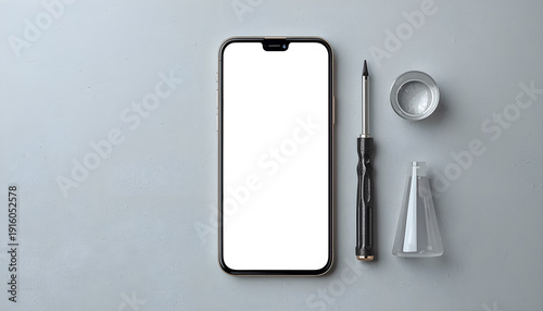 Smartphone with cracked screen and repair tools, mobile phone screen replacement and repair service concept, product photography on gray background