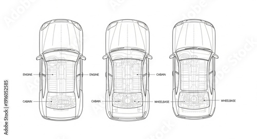 Three schematic diagrams of car interiors from a top down view.