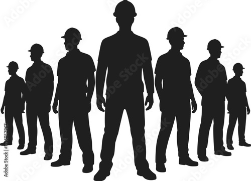 Silhouette group of construction workers wearing hard hats, teamwork concept, industrial labor force illustration emphasizing leadership and safety