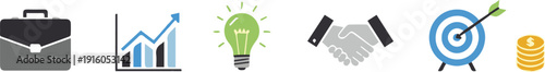 A collection of icons representing business and success concepts on a clean white background from a straightforward viewpoint