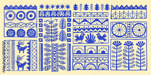 Collection of blue folk art motifs and repeating geometric patterns