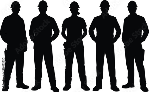 Silhouetted construction workers in hard hats standing together, teamwork safety industrial labor unity occupational workforce collaboration concept illustration