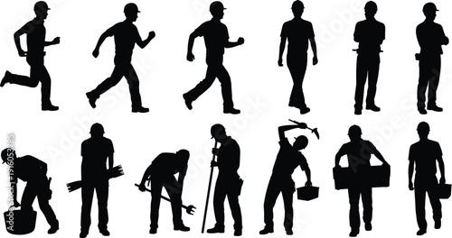 Silhouettes of construction workers in hard hats performing various tasks, walking, standing, lifting, hammering, carrying tools, working outdoors