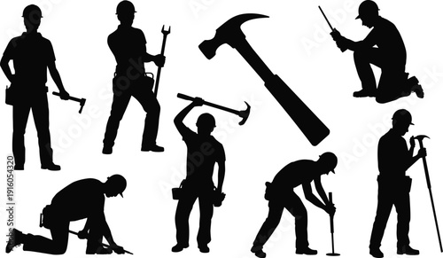 Silhouettes of construction workers with tools and hard hats, teamwork safety industry labor concept hammer wrench professional illustration