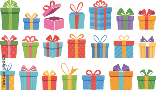 A generous assortment of 20 diverse and colorful gift boxes, artfully arranged to convey abundance and festive cheer for any occasion. .Vector illustration