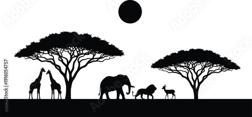 African savanna silhouette with sunset sun acacia trees elephant giraffes lion and gazelle wild animal nature landscape vector illustration background