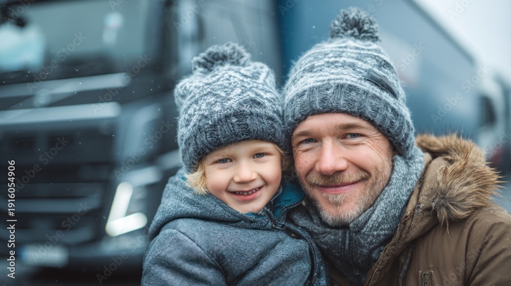Fototapeta premium Father and son smiling together in winter clothing with truck in background