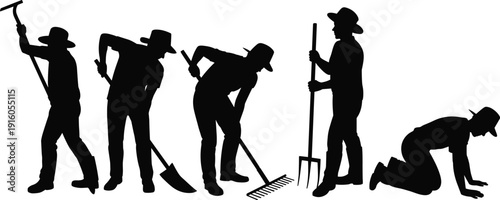 Silhouettes of farmers and gardeners working with hoe, shovel, rake, pitchfork, planting crops, agriculture labor scene illustration