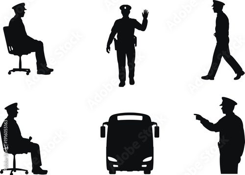 Silhouettes of police officers in various positions with bus front view, law enforcement traffic control illustration isolated vector
