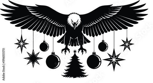 Black silhouette vector of a powerful eagle with spreading wings carrying hanging Christmas ornaments, stars, and holiday tree for winter.
