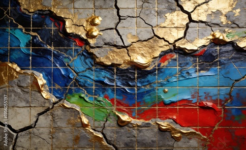 Cracked gray tile texture with bold abstract paint strokes and gold leaf accents for stock