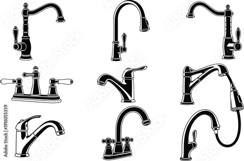 Black silhouette vector of various kitchen and bathroom faucets, sink taps, and plumbing fixtures for home improvement and renovation themes.