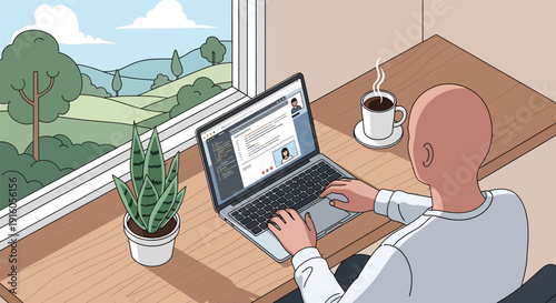 Person working on laptop at desk with coffee overlooking nature