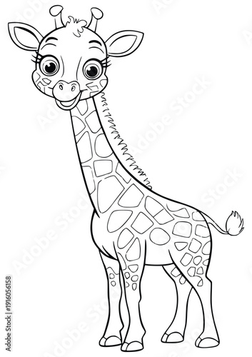 Playful Giraffe Illustration: An adorable giraffe with a long neck and spotted coat, standing with a cheerful expression, perfect for adding a touch of whimsy and delight.