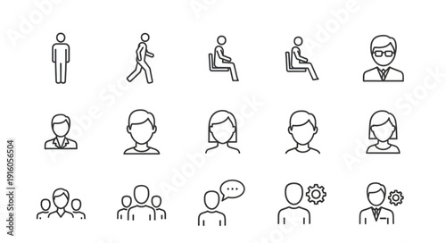 Collection of simple line art icons representing people and human figures.