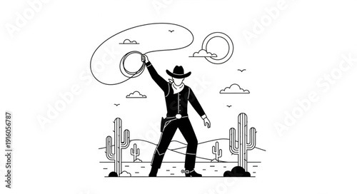 Cowboy swinging a lasso in a desert landscape illustration.
