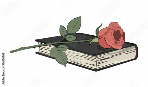 Single red rose with long stem vector bookmark on closed hardbound book illustration